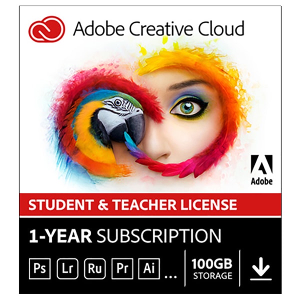 slide 1 of 1, Adobe Creative Cloud Student & Teacher License, 1-Year Subscription, 1 ct