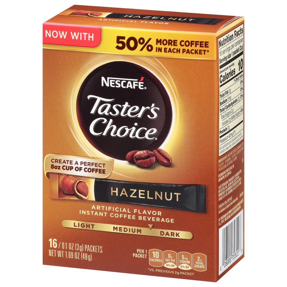 slide 10 of 10, Nescafé Taster's Choice, Hazelnut Flavored Instant Coffee, Medium Dark Roast, 1 box (16 packets) - 1.69 oz, 1.69 oz