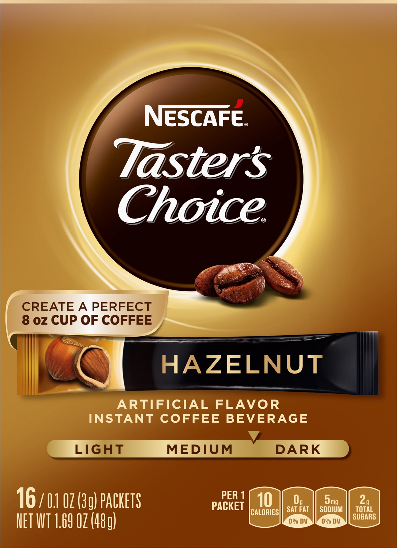 slide 1 of 10, Nescafé Taster's Choice, Hazelnut Flavored Instant Coffee, Medium Dark Roast, 1 box (16 packets) - 1.69 oz, 1.69 oz