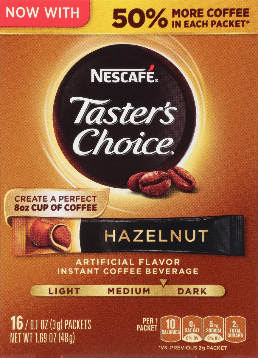 slide 6 of 10, Nescafé Taster's Choice, Hazelnut Flavored Instant Coffee, Medium Dark Roast, 1 box (16 packets) - 1.69 oz, 1.69 oz