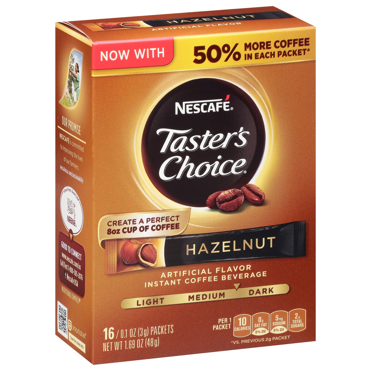 slide 7 of 10, Nescafé Taster's Choice, Hazelnut Flavored Instant Coffee, Medium Dark Roast, 1 box (16 packets) - 1.69 oz, 1.69 oz