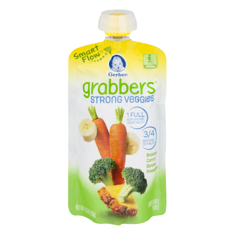 slide 1 of 1, Gerber Grabbers Strong Veggies, Broccoli Carrot Banana Pineapple, 4.23 oz