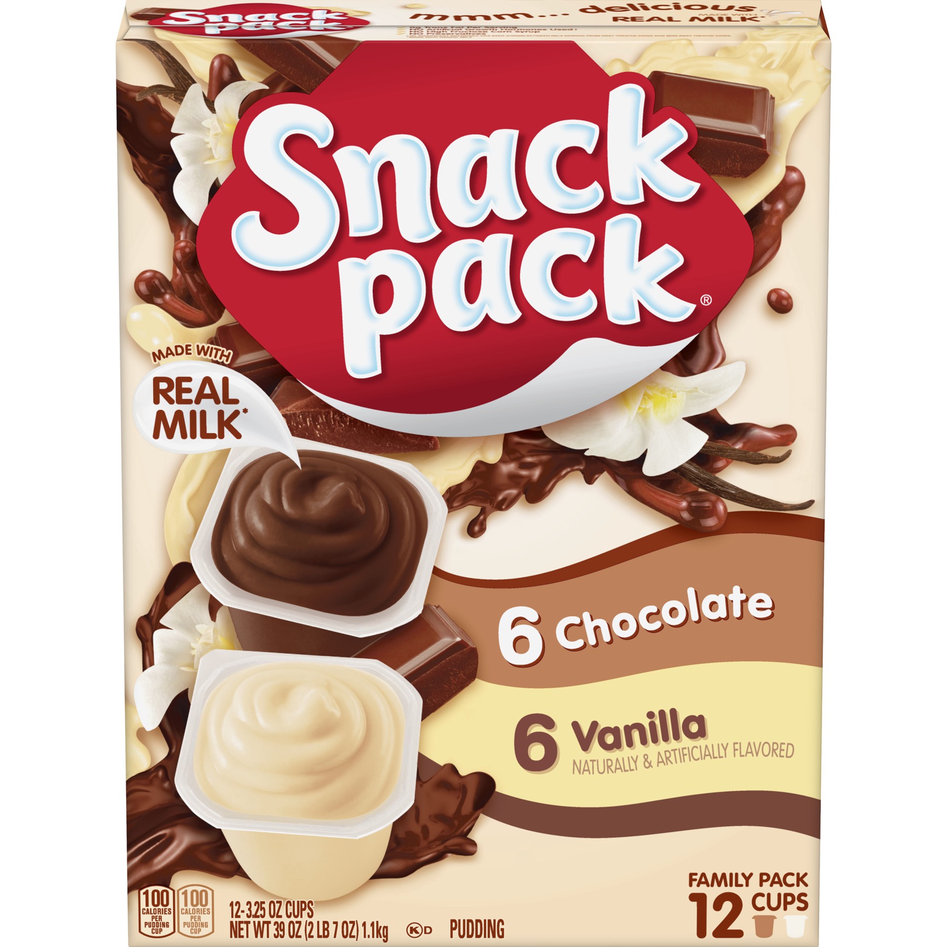 slide 1 of 5, Snack Pack Chocolate Pudding and Vanilla Pudding, 3.25 oz Pudding Cups, 12 Count Family Pack, 6 Pack, 12 ct