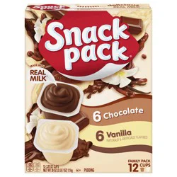 Snack Pack Chocolate Pudding and Vanilla Pudding, 3.25 oz Pudding Cups, 12 Count Family Pack, 6 Pack