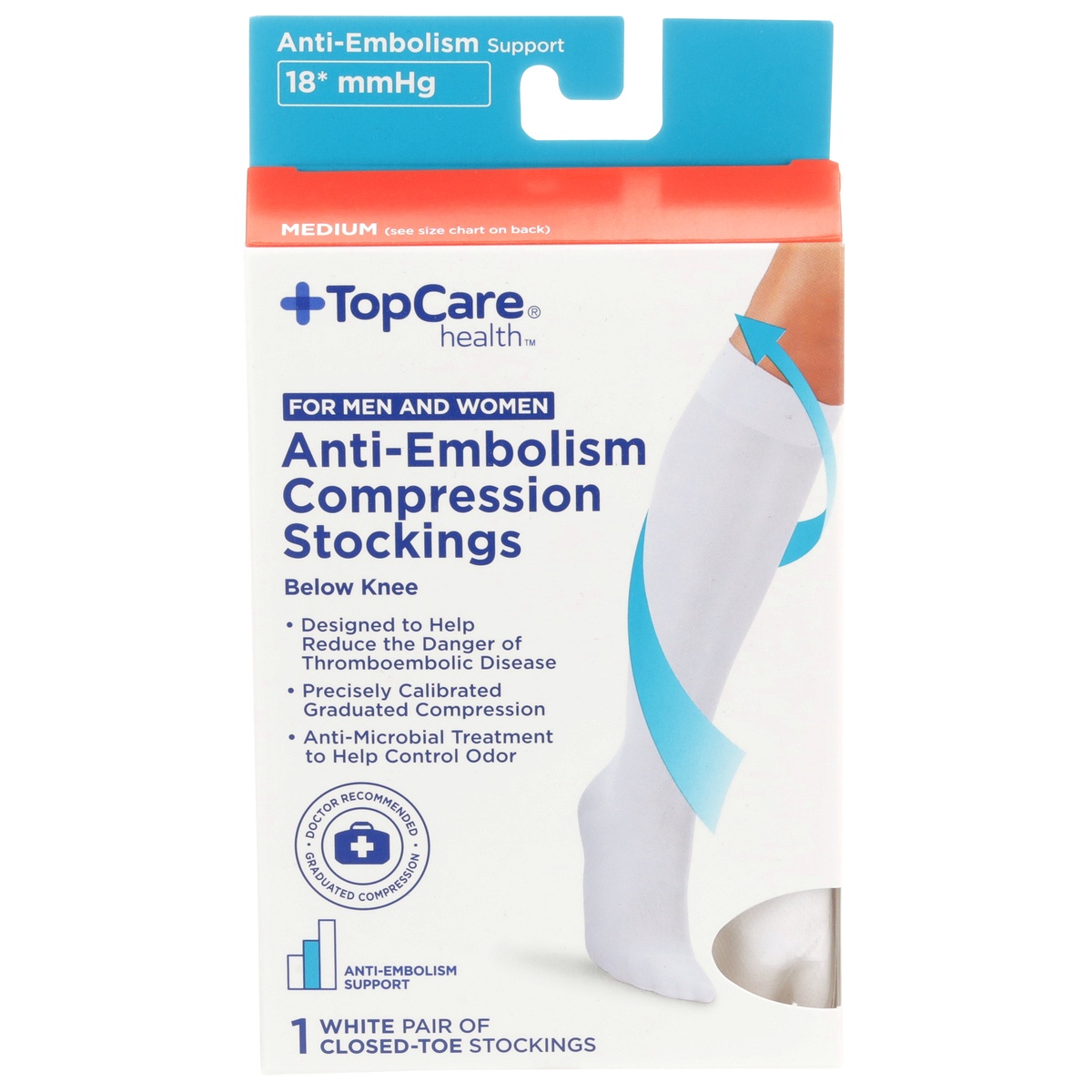 slide 1 of 1, TopCare Health Men & Women Anti Embolism Compression Stockings Below Knee Medium White, 1 pair