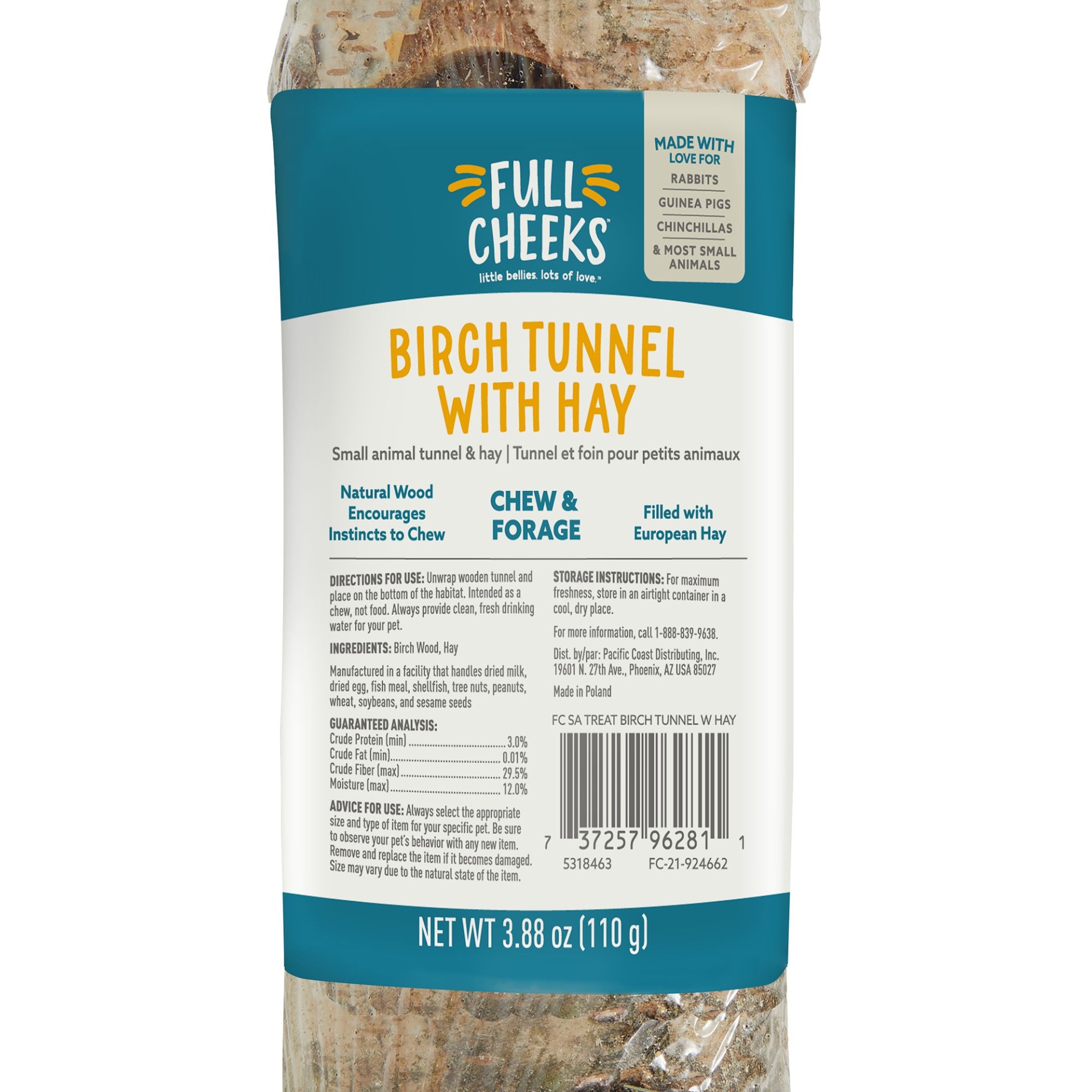 slide 1 of 1, Full Cheeks Small Pet Birch Tunnel with Hay, 1 ct