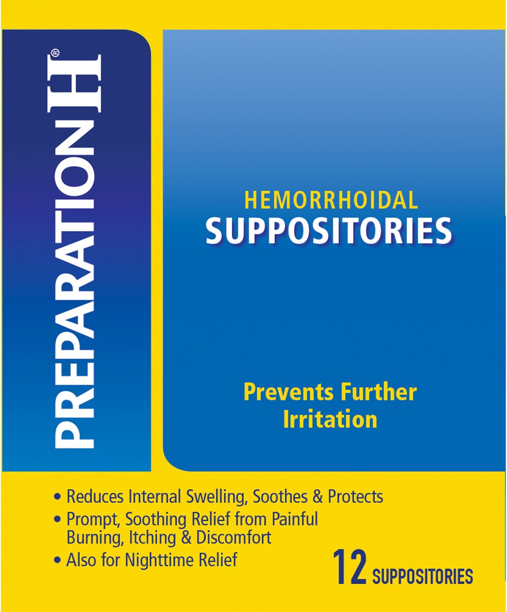 slide 1 of 12, PREPARATION H Hemorrhoid Symptom Treatment Suppositories, Burning, Itching and Discomfort Relief (12 Count), 12 ct