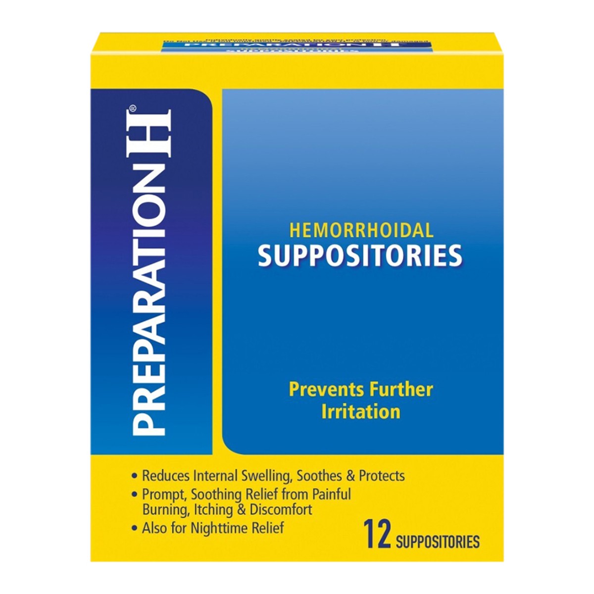 slide 1 of 1, PREPARATION H Hemorrhoid Symptom Treatment Suppositories, Burning, Itching and Discomfort Relief (12 Count), 12 ct