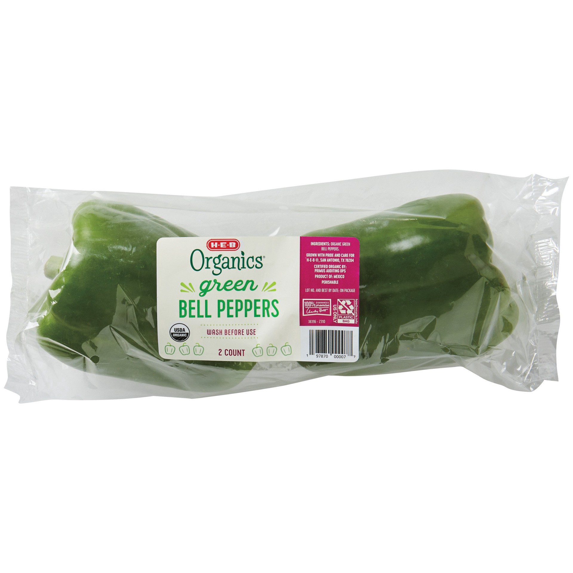 slide 1 of 1, H-E-B Organics Fresh Green Bell Peppers, 2 ct