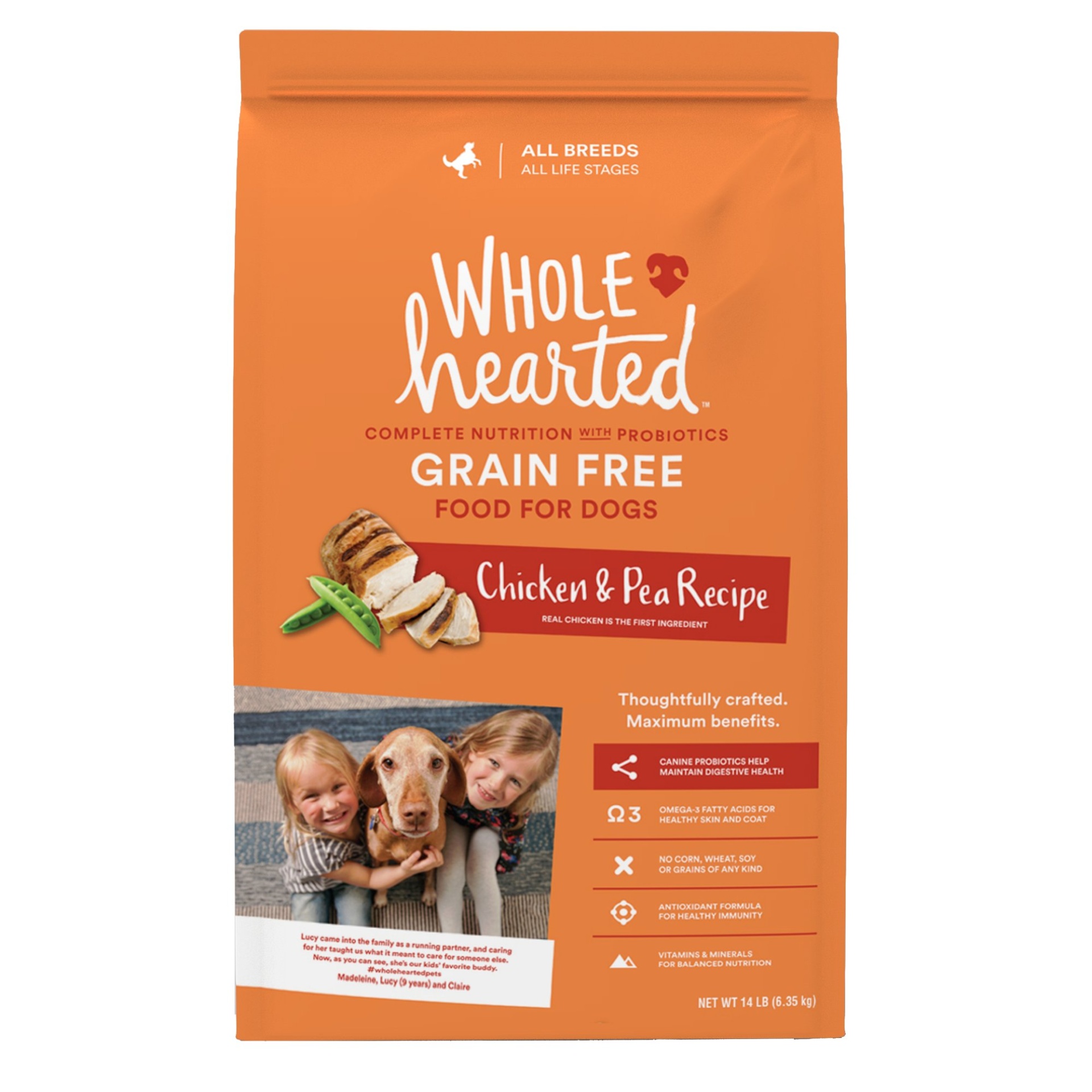 slide 1 of 1, WholeHearted Grain Free All Life Stages Chicken & Pea Recipe Dry Dog Food, 14 lb