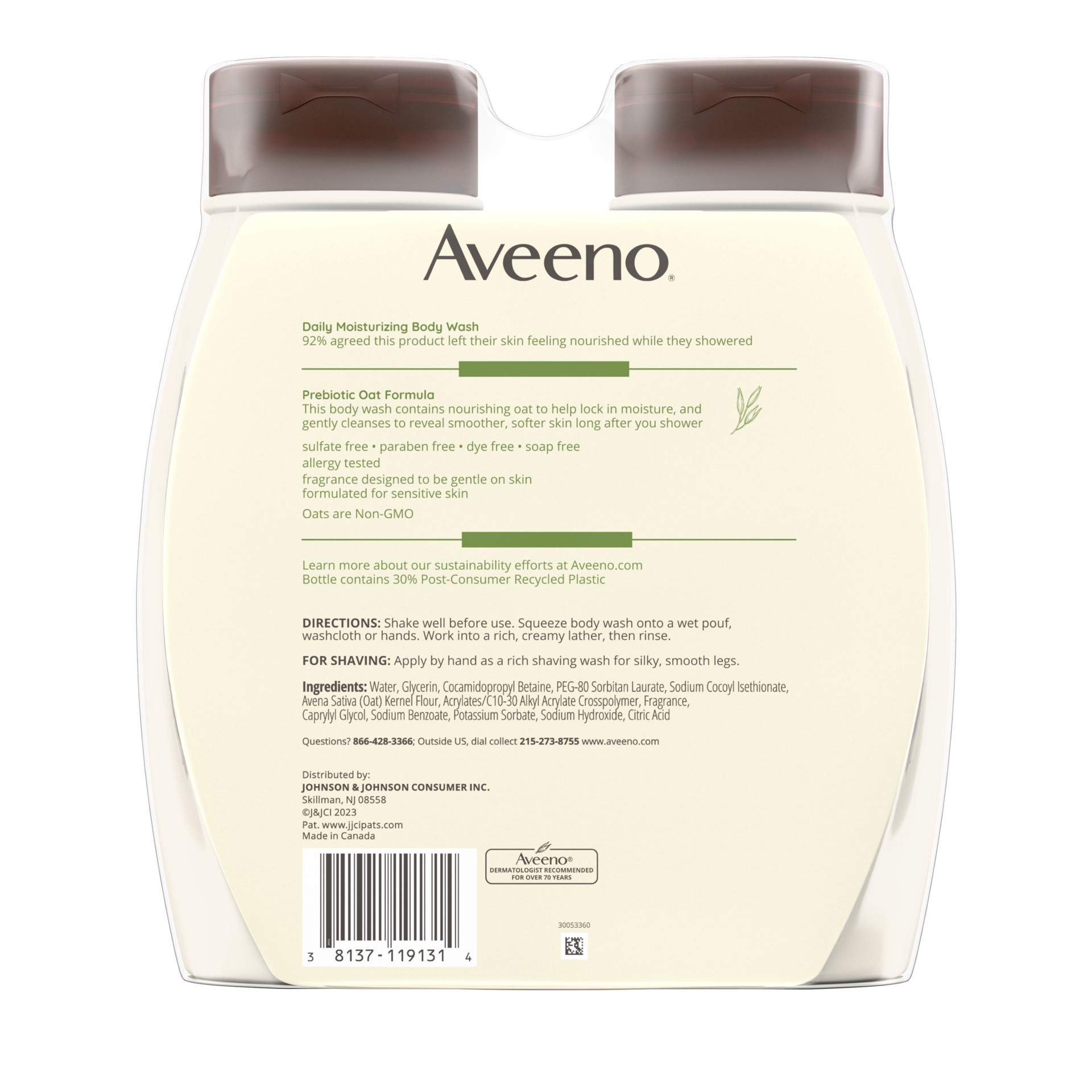 slide 7 of 9, Aveeno Daily Moisturizing Prebiotic Oat Body Wash, 2 x 18 Fl. Oz, 2 ct