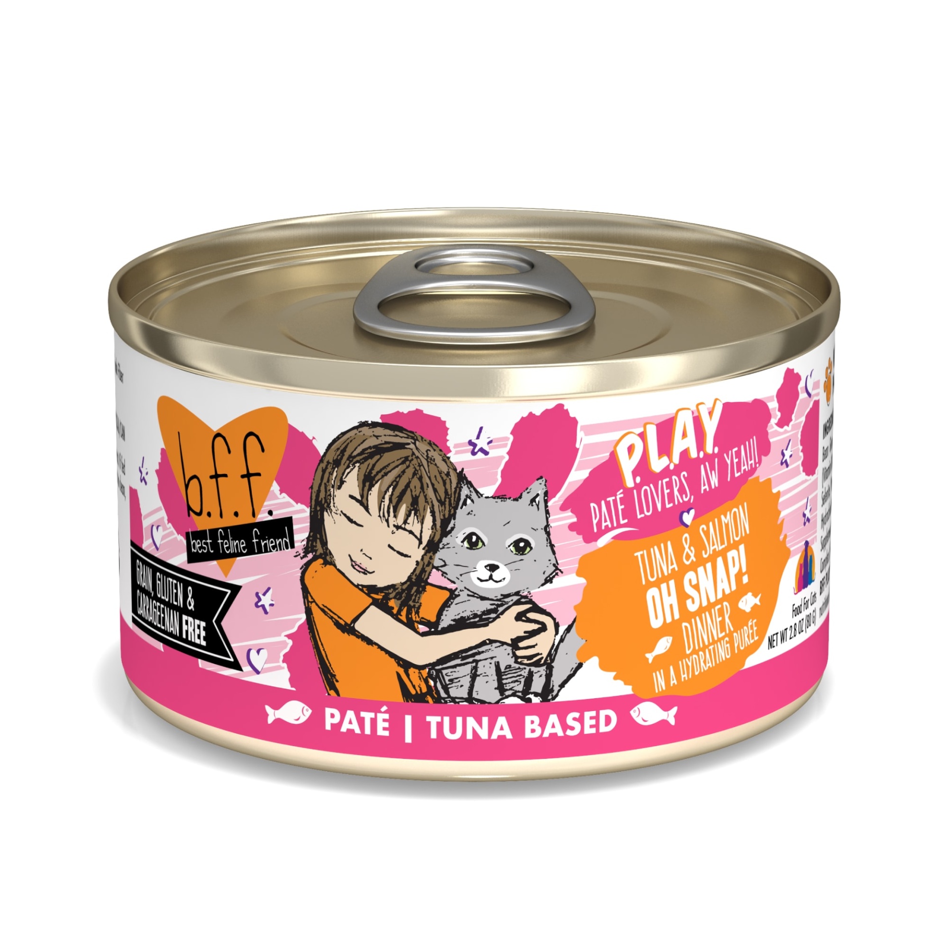 slide 1 of 1, B.F.F. P.L.A.Y. Oh Snap! Tuna & Salmon Dinner in a Hydrating Puree Wet Cat Food, 2.8 oz., 2.8 oz