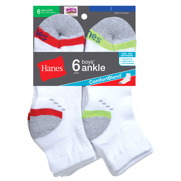 slide 1 of 1, Hanes Boy's Ankle Socks - Large, 6 ct