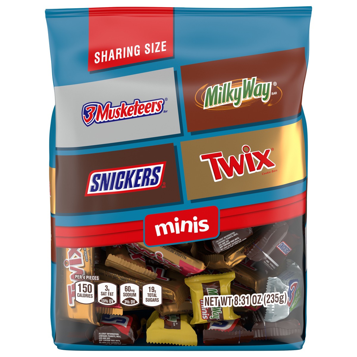 slide 1 of 12, Wrigley SNICKERS, TWIX, MILKY WAY & 3 MUSKETEERS Minis Chocolate Candy Bars Variety Pack, 8.31 Oz Bag, 8.31 oz