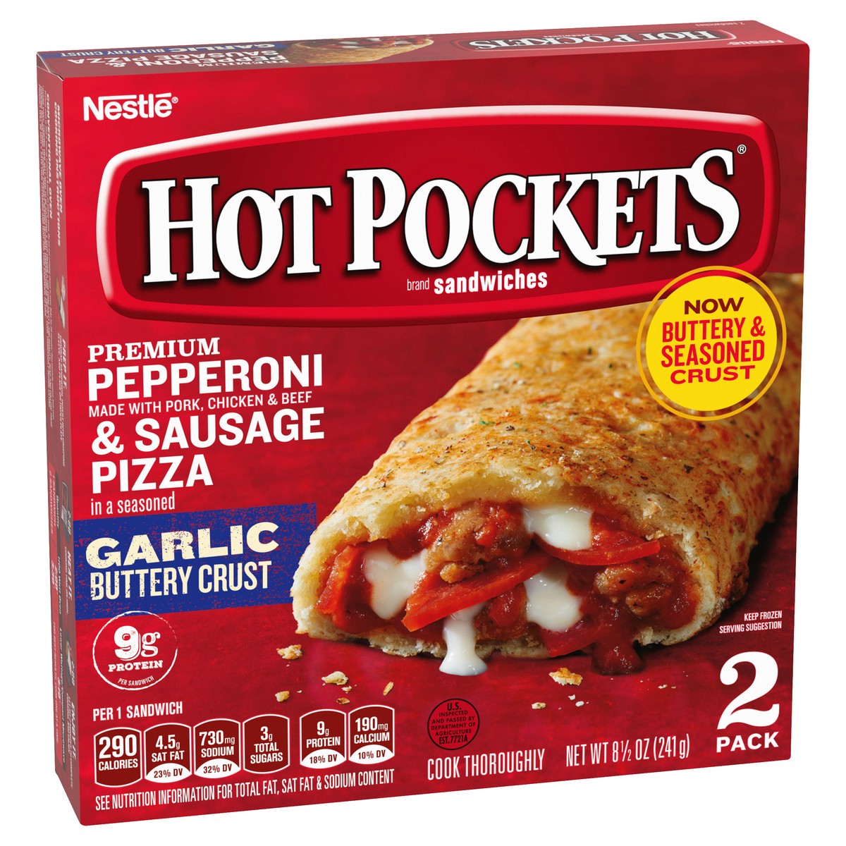 slide 6 of 8, Hot Pockets Pepperoni & Sausage Pizza Frozen Snacks in an Italian Style Seasoned Crust, Pizza Snacks Made with Reduced Fat Mozzarella Cheese, 2 Count Frozen Sandwiches, 8.5 oz