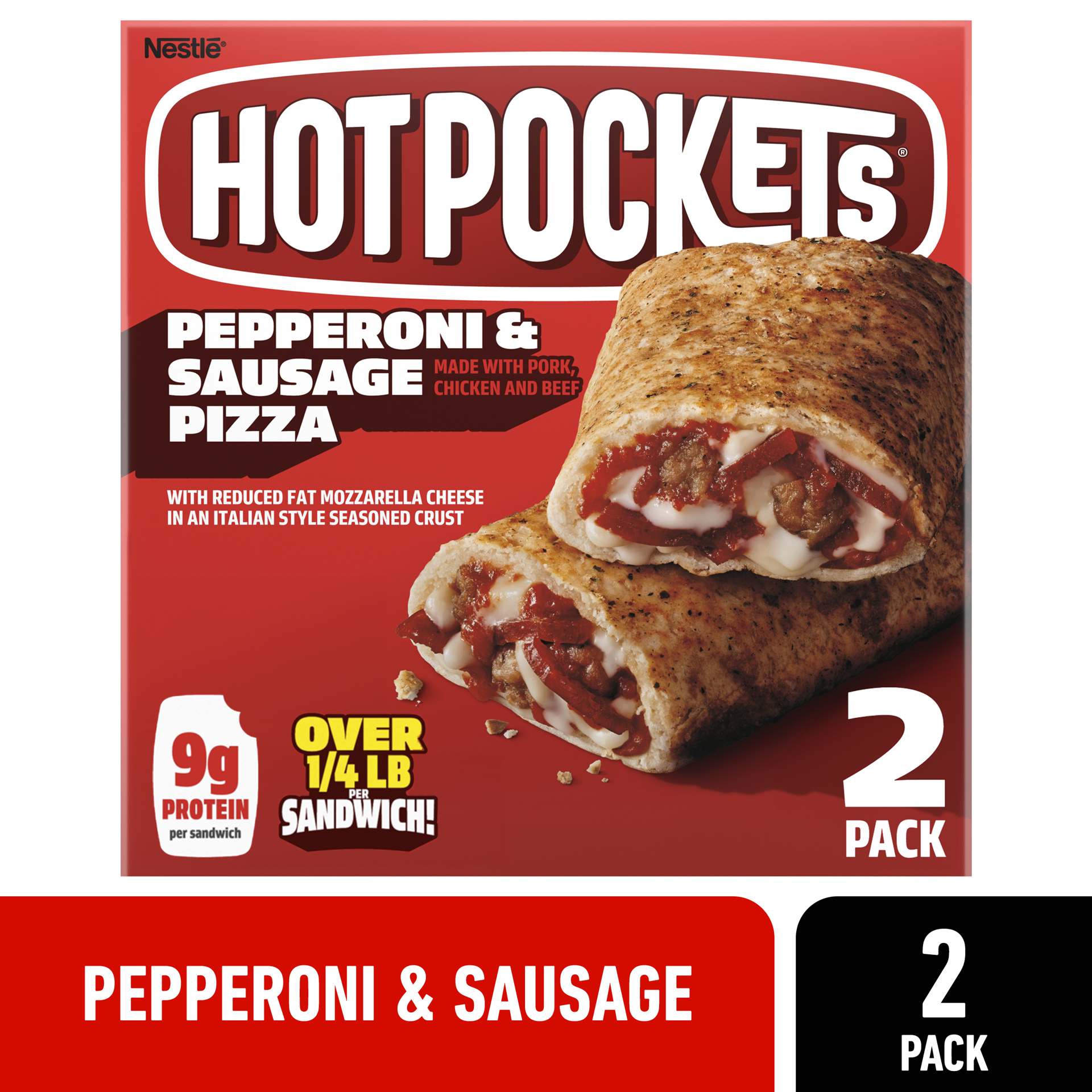 slide 1 of 8, Hot Pockets Pepperoni & Sausage Pizza Frozen Snacks in an Italian Style Seasoned Crust, Pizza Snacks Made with Reduced Fat Mozzarella Cheese, 2 Count Frozen Sandwiches, 8.5 oz