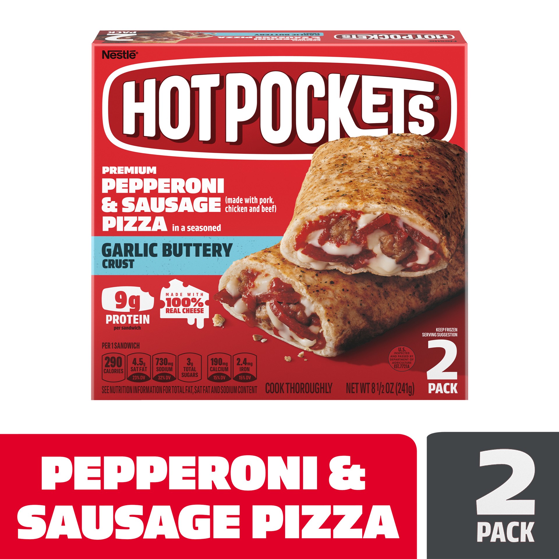 slide 1 of 1, Hot Pockets Garlic Buttery Crust Pepperoni & Sausage Pizza, 