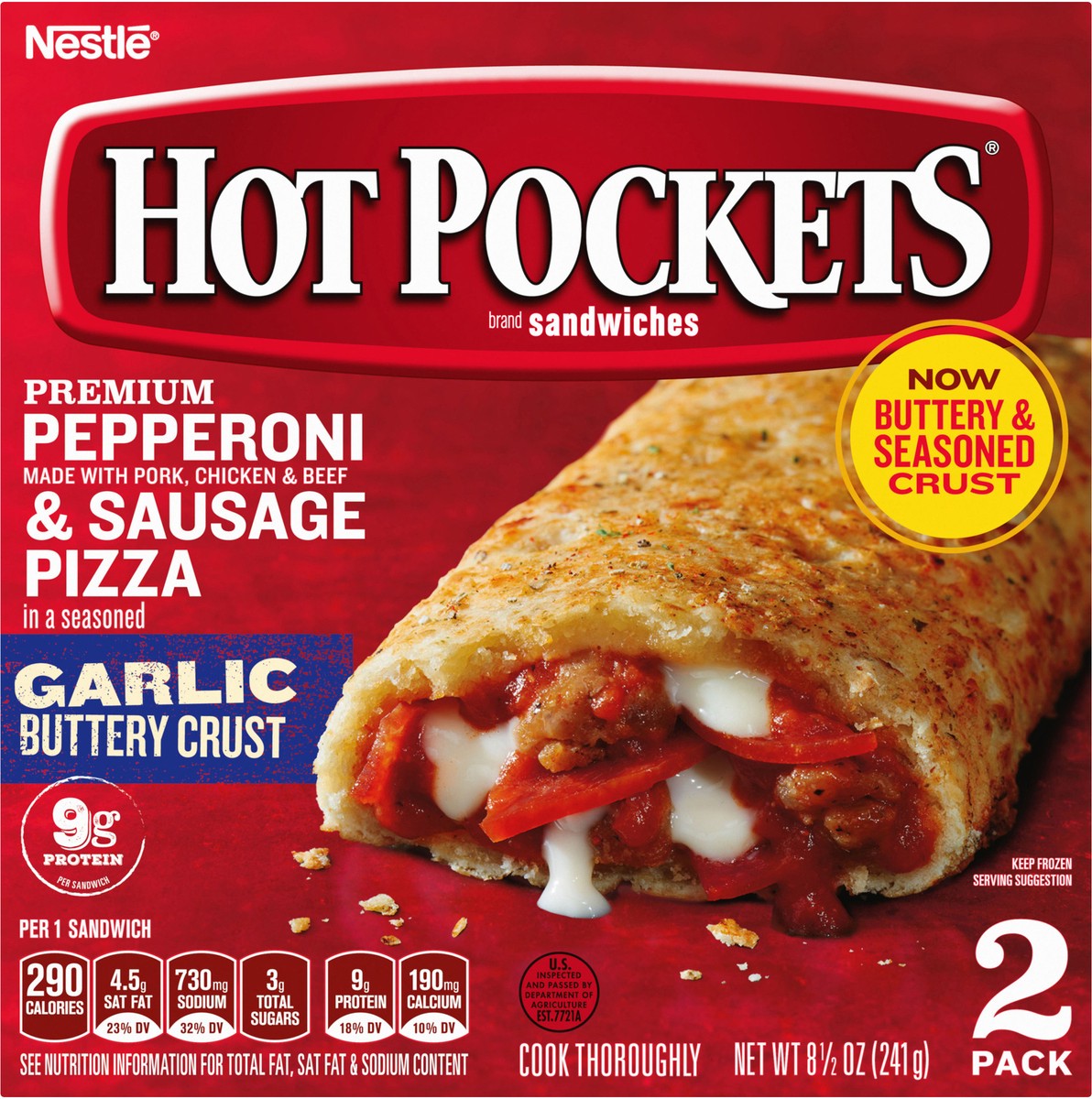 slide 5 of 8, Hot Pockets Pepperoni & Sausage Pizza Frozen Snacks in an Italian Style Seasoned Crust, Pizza Snacks Made with Reduced Fat Mozzarella Cheese, 2 Count Frozen Sandwiches, 8.5 oz