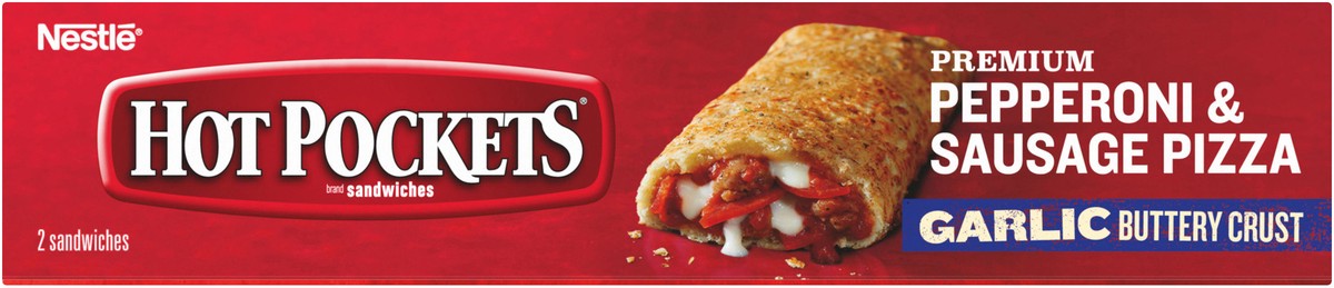 slide 2 of 8, Hot Pockets Pepperoni & Sausage Pizza Frozen Snacks in an Italian Style Seasoned Crust, Pizza Snacks Made with Reduced Fat Mozzarella Cheese, 2 Count Frozen Sandwiches, 8.5 oz