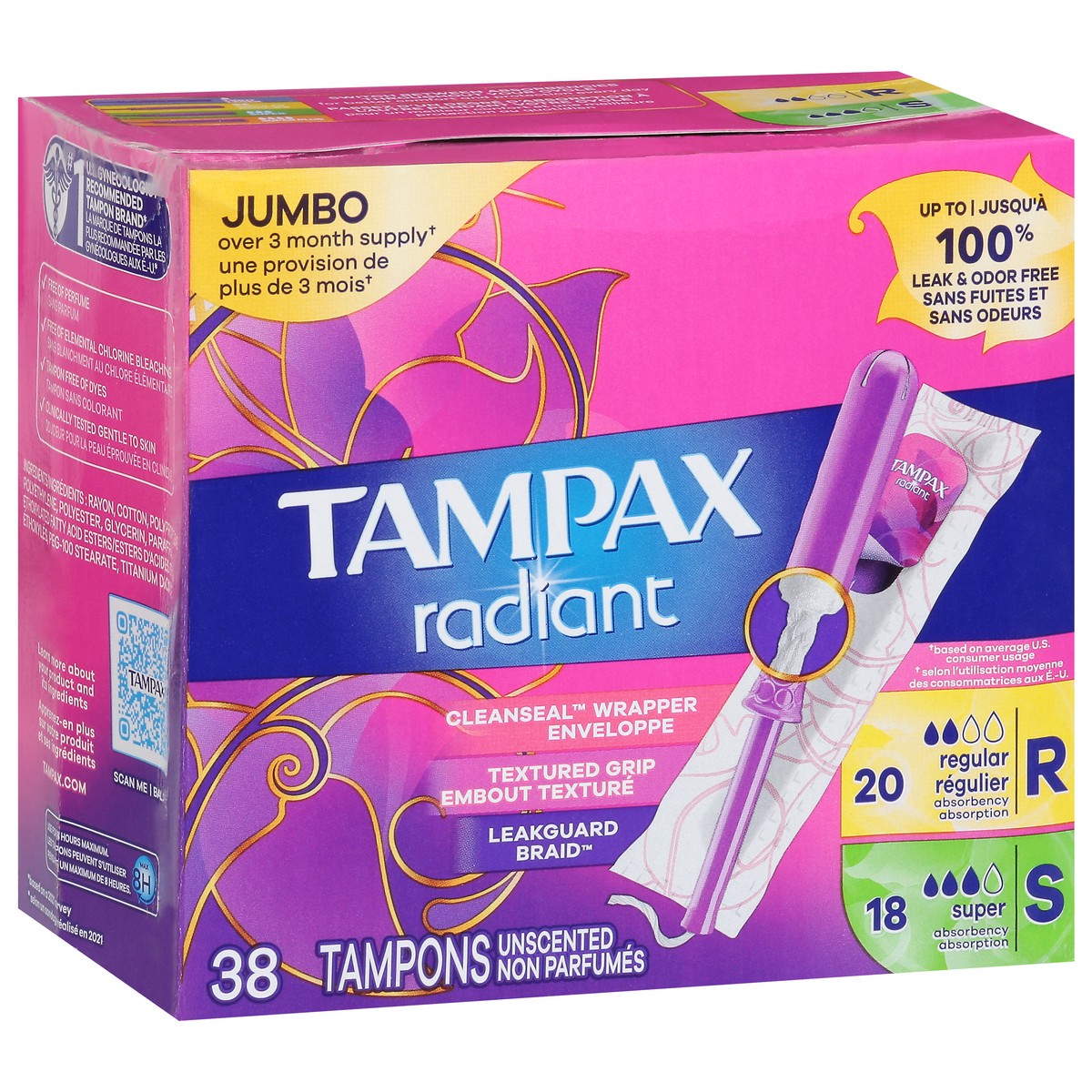 slide 2 of 9, Tampax Radiant Jumbo Regular/Super Unscented Tampons 38 ea, 38 ct