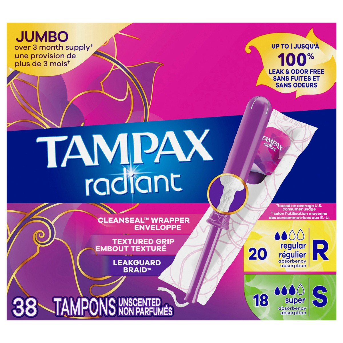 slide 1 of 9, Tampax Radiant Tampons Duo Pack with LeakGuard Braid, Regular/Super Absorbency, Unscented, 38 Count, 38 ct