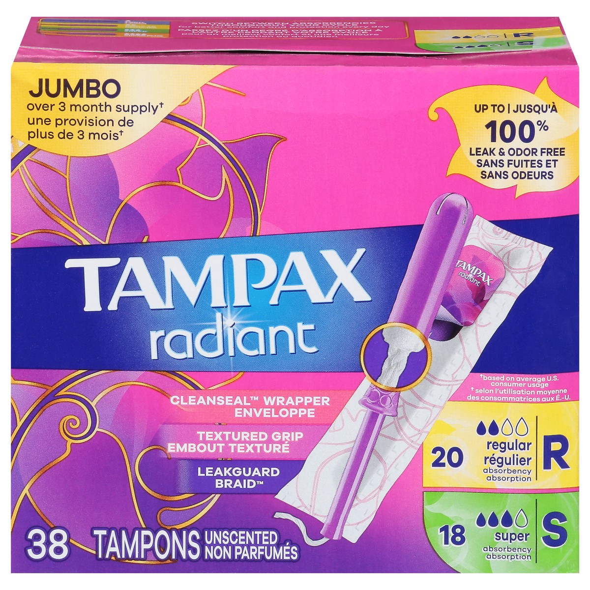 slide 1 of 9, Tampax Radiant Jumbo Regular/Super Unscented Tampons 38 ea, 38 ct