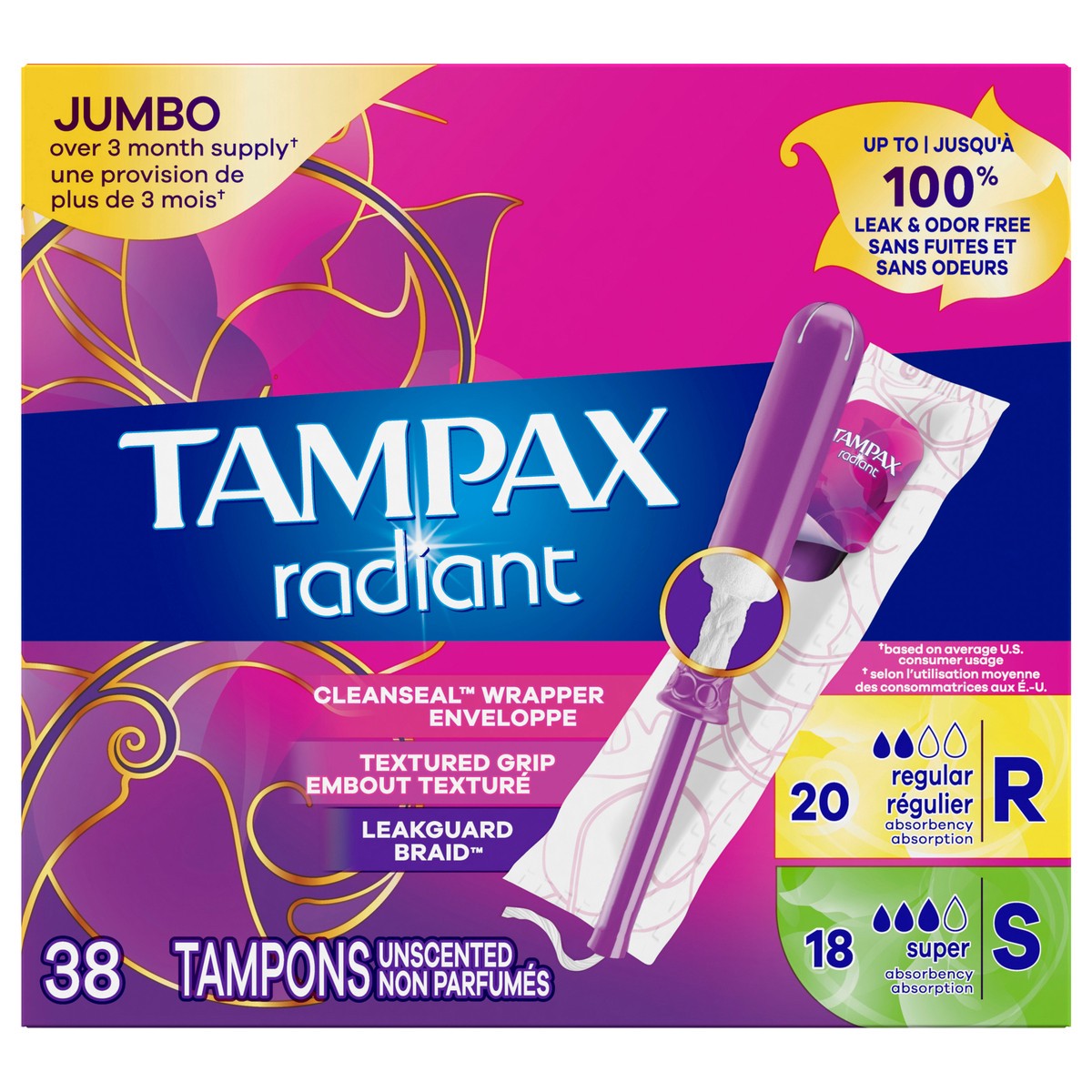 slide 1 of 9, Tampax Radiant Tampons Duo Pack with LeakGuard Braid, Regular/Super Absorbency, Unscented, 38 Count, 38 ct