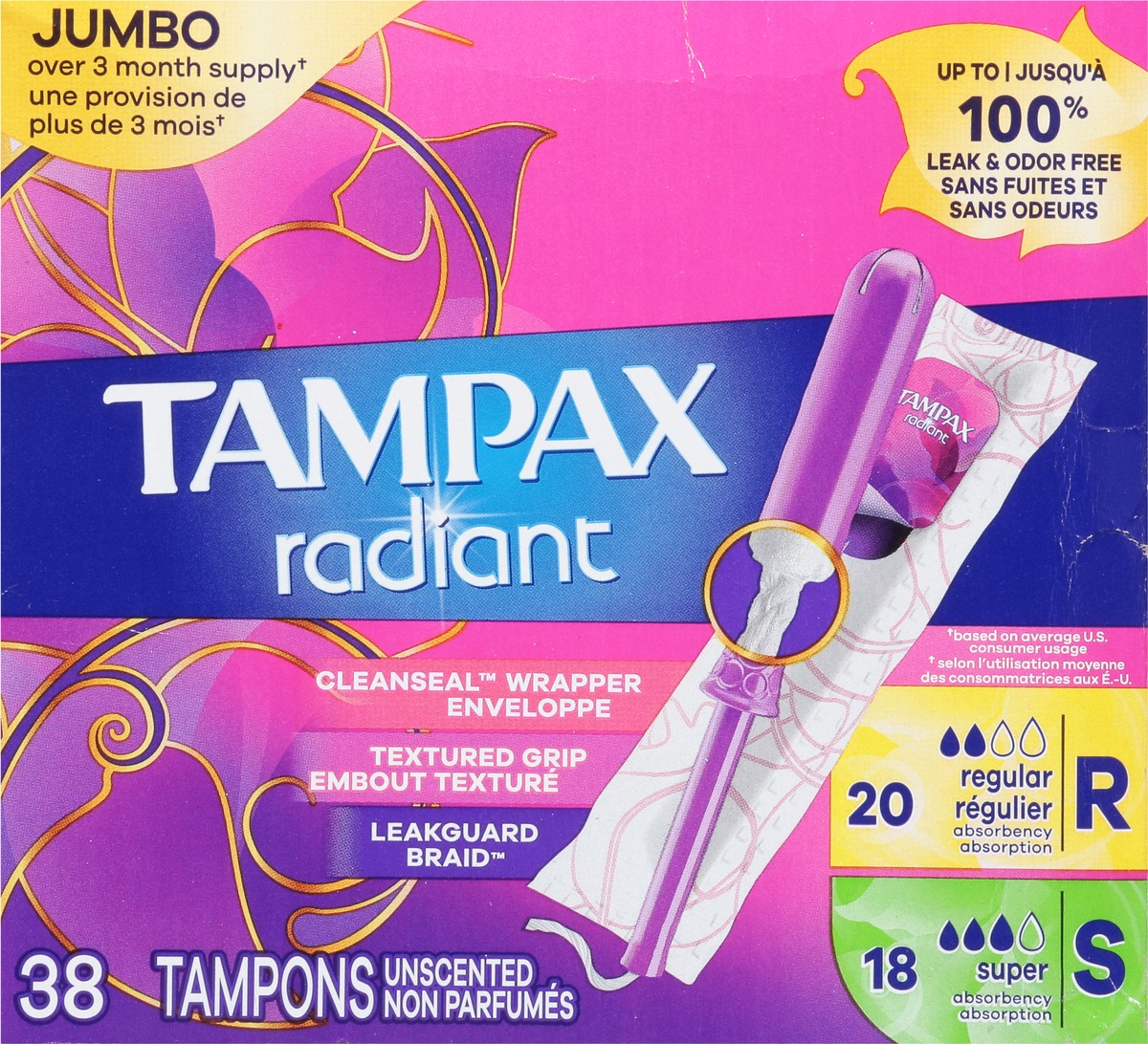 slide 6 of 9, Tampax Radiant Jumbo Regular/Super Unscented Tampons 38 ea, 38 ct