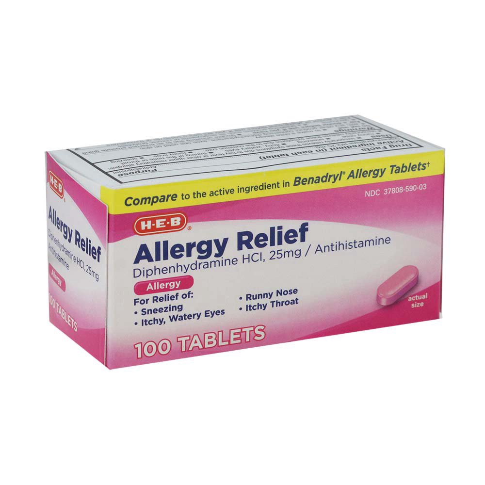 slide 1 of 1, H-E-B Allergy Relief Diphenhydramine Antihistamine Tablets – 25 mg, 100 ct