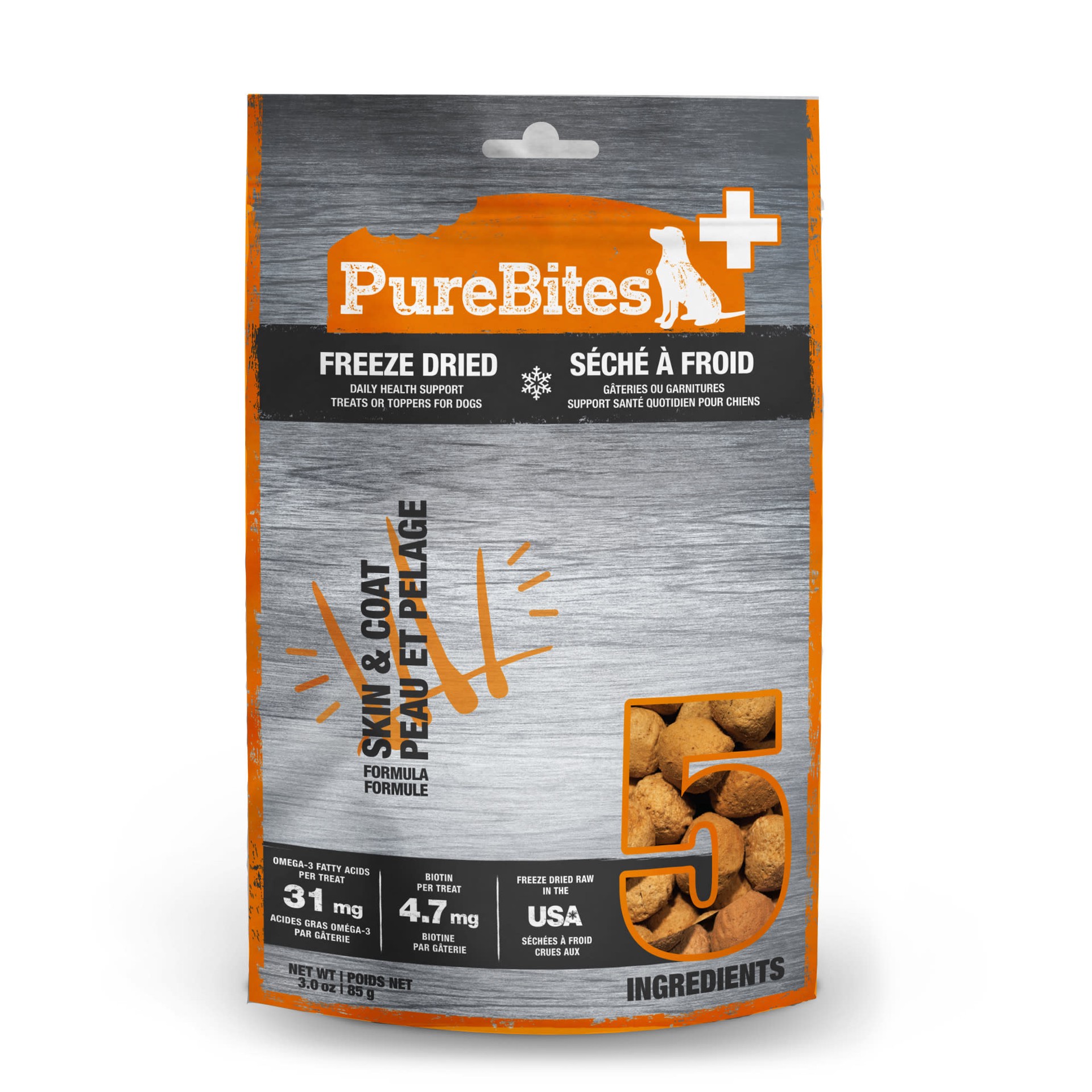 slide 1 of 5, PureBites+ Freeze Dried Dog Treat 3.0oz | Skin & Coat | 5 Ingredients | Made in USA, 85 g