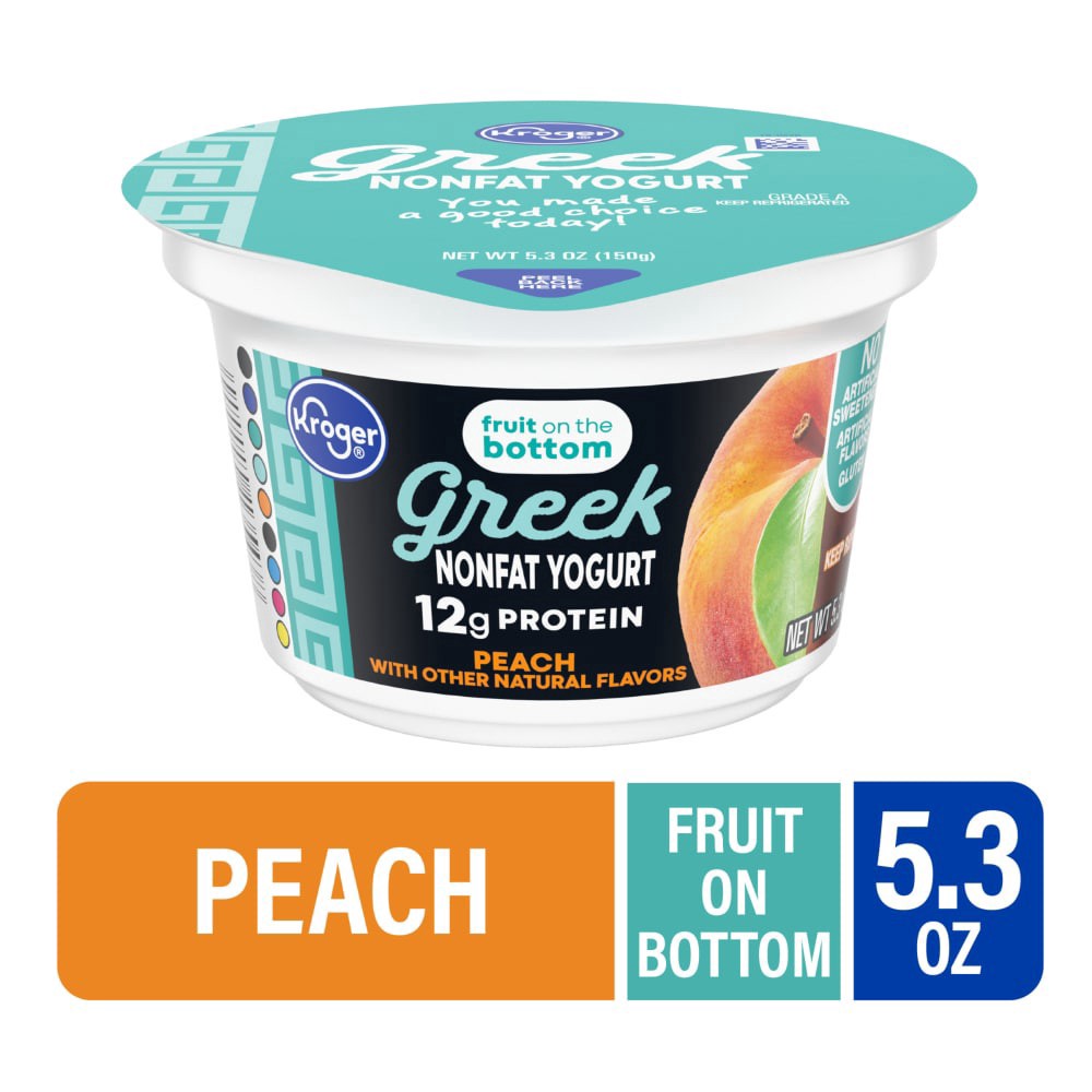 slide 4 of 5, Kroger Fruit On The Bottom Peach Nonfat Greek Yogurt Cup, 5.3 oz