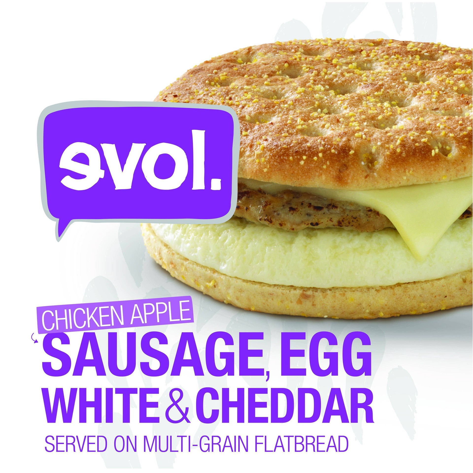 slide 1 of 1, EVOL Chicken Apple Sausage-Egg White & Cheddar Multi-Grain Flatbread Sandwich, 4 oz