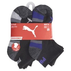 Puma Boys' Black/Blue Terry Quarter Crew Socks, 6 Pairs