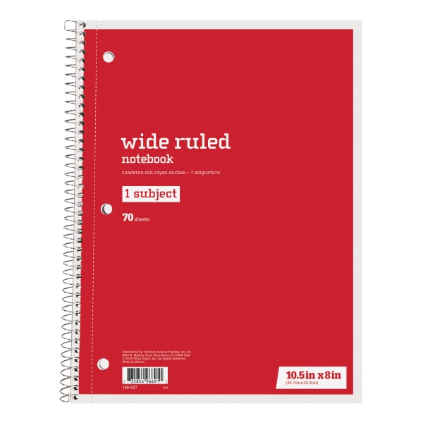 slide 1 of 1, Just Basics Spiral Notebook, 7-1/2'' X 10-1/2'', Wide Ruled, 140 Pages (70 Sheets), Red, 70 ct