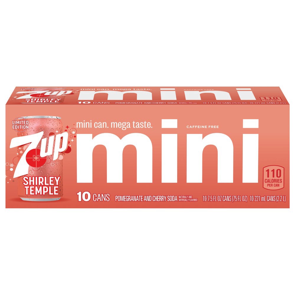 slide 1 of 1, 7UP Shirley Temple Pomegranate and Cherry Flavored Soda, 7.5 fl oz mini cans, 10 pack, 10 ct