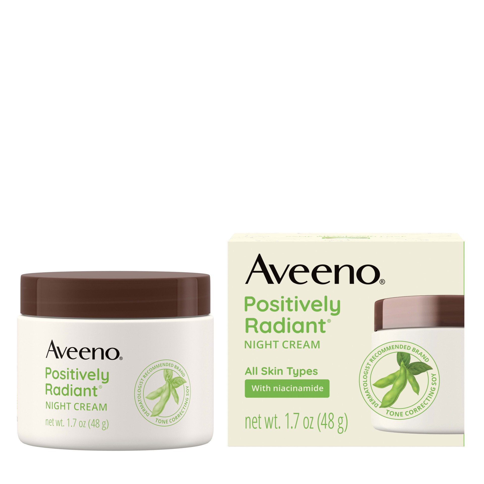 slide 6 of 9, Aveeno Positively Radiant Moisturizing Face & Neck Night Cream with Tone Correcting Soy & Niacinamide, Night Cream Targets Dull Skin & Evens Skin Tone & Texture, Hypoallergenic, 1.7 oz, 1.7 oz