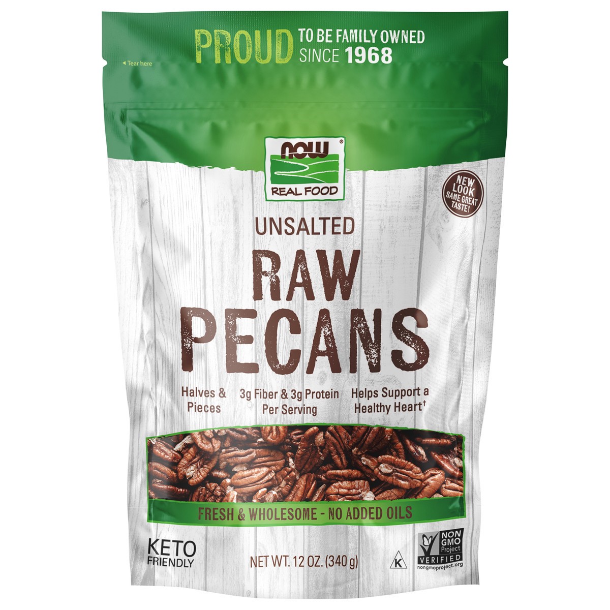 slide 1 of 3, NOW Real Food Pecans, Raw & Unsalted - 12oz, 12 oz