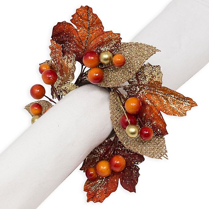 slide 1 of 5, Bardwil Linens Sparkle Foliage Harvest Napkin Rings, 4 ct