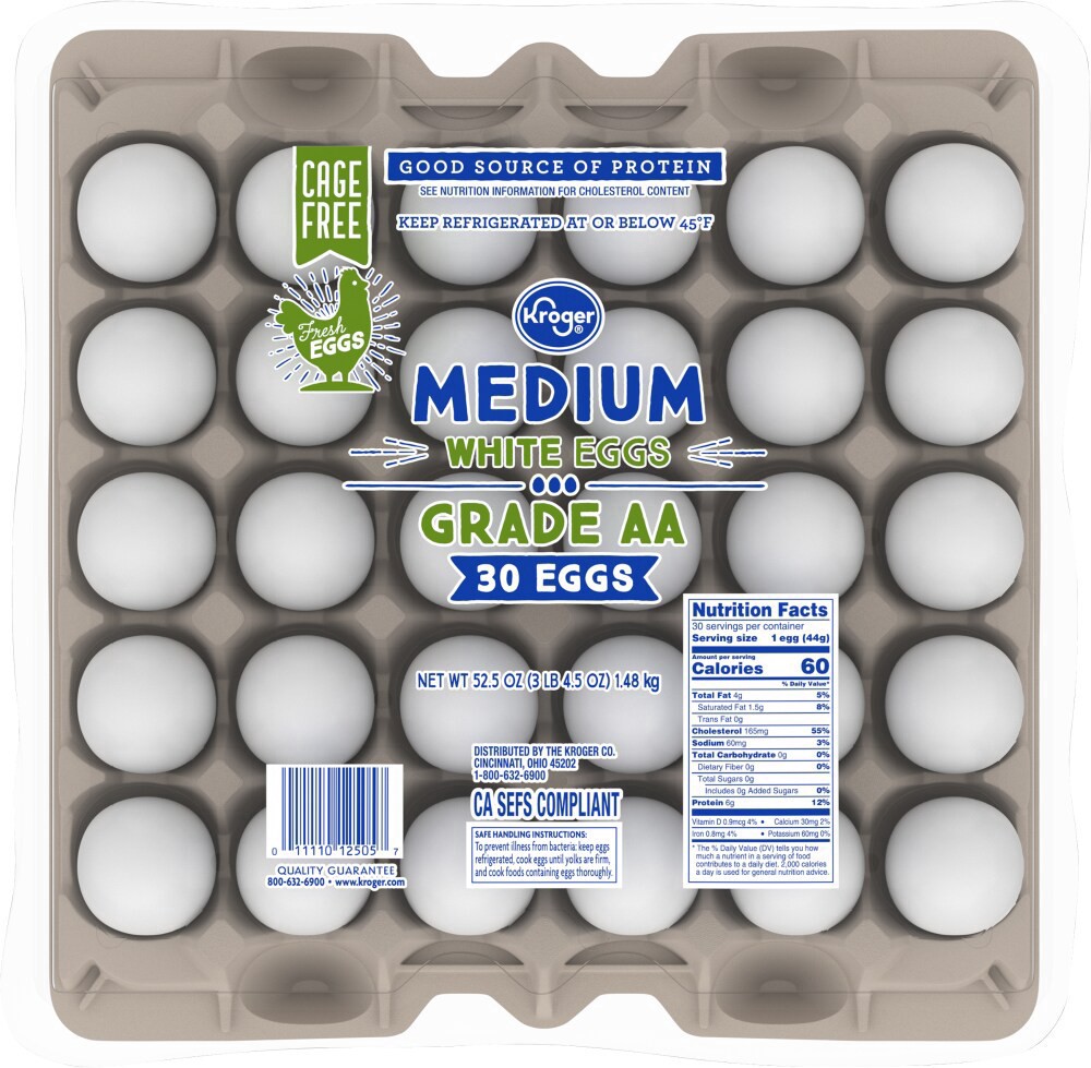 slide 2 of 6, Kroger Cage Free Medium White Grade Aa Eggs, 30 ct