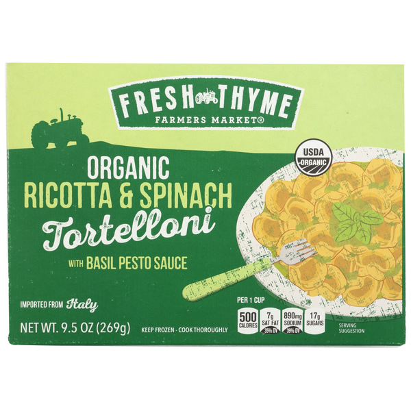 slide 1 of 1, Fresh Thyme Farmers Market Organic Ricotta & Spinach Tortelloni With Basil Pesto Sauce, 9.5 oz