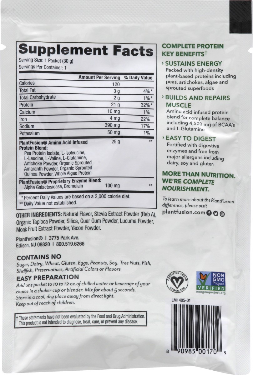 slide 4 of 9, PlantFusion Complete Plant Protein Powder Vanilla Flavor Single Packet, 1.06 oz