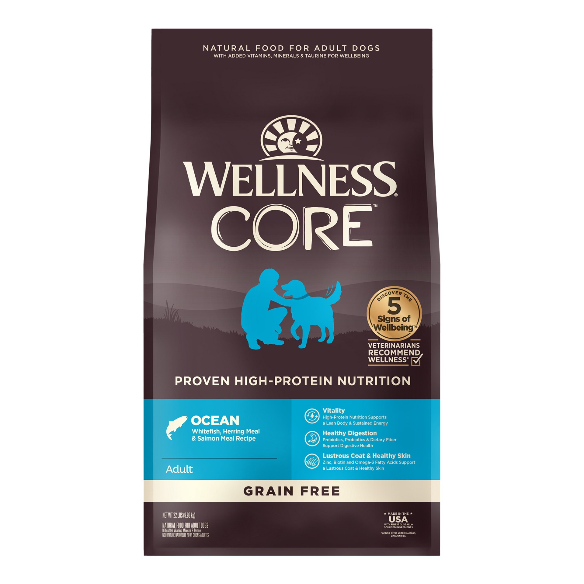 slide 1 of 5, Wellness CORE Natural Grain Free Dry Dog Food, Ocean Whitefish, Herring & Salmon, 22-Pound Bag, 1 ct