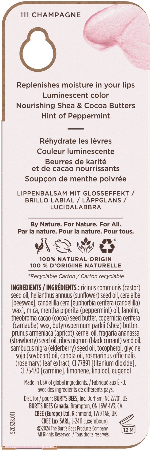 slide 4 of 5, Burt's Bees Burt''s Bees Lip Shimmer Champagne; Cool, Luminescent Color; High Impact, Instant Moisture; with Shea and Cocoa Butters; 100% Natural Origin; 1 Tube, 0.09 Oz., 0.09 oz