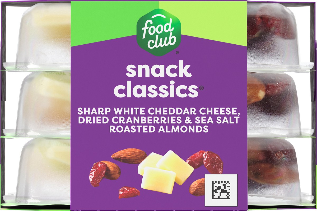 slide 11 of 13, Food Club Sharp White Cheddar Cheese, Dried Cranberries & Sea Salt Roasted Almonds Snack Classics 3 ea, 3 ct