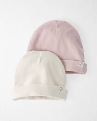 Littleplanet Baby 2-Pack Organic Cotton Rib Caps Pink, Sweet Cream 0-3M