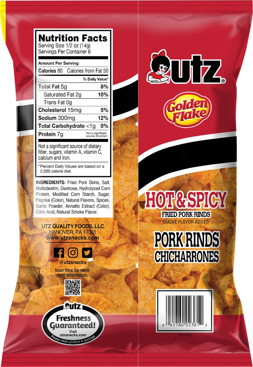 slide 3 of 3, Utz 3 oz Utz Hot & Spicy Pork Rinds, 3 oz