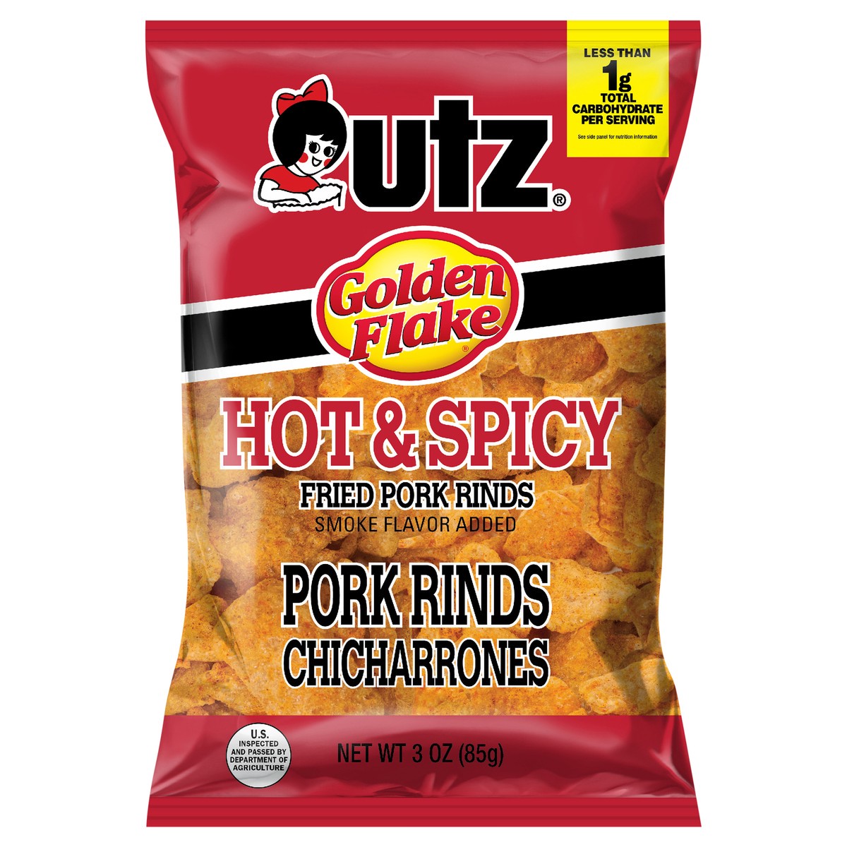 slide 1 of 3, Utz 3 oz Utz Hot & Spicy Pork Rinds, 3 oz