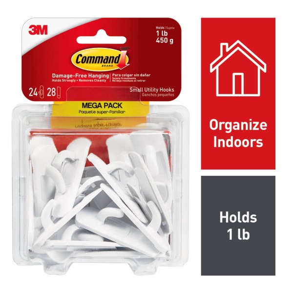 slide 9 of 10, 3M Command Mega Pack Utility Hooks, Small, White, Pack Of 24, 24 ct