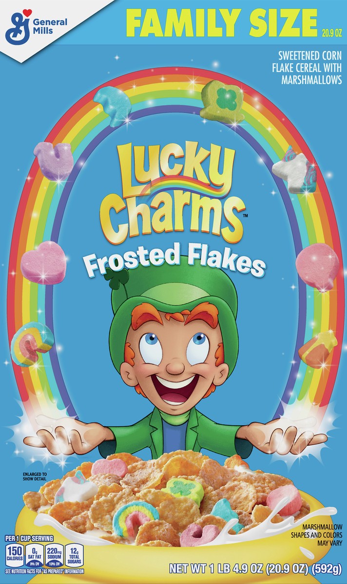 slide 1 of 11, Lucky Charms Family Size Frosted Flakes Marshmallows Cereal 20.9 oz, 20.90 oz