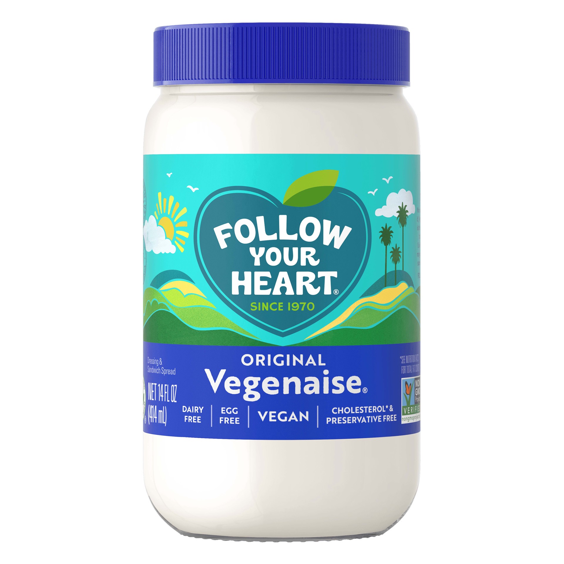 slide 1 of 3, Follow Your Heart Vegenaise, Original, Dairy Free, Egg Free, Non-GMO, Gluten Free Mayo, Creamy Dressing and Sandwich Spread, 14 FL OZ Jar, 14 fl oz